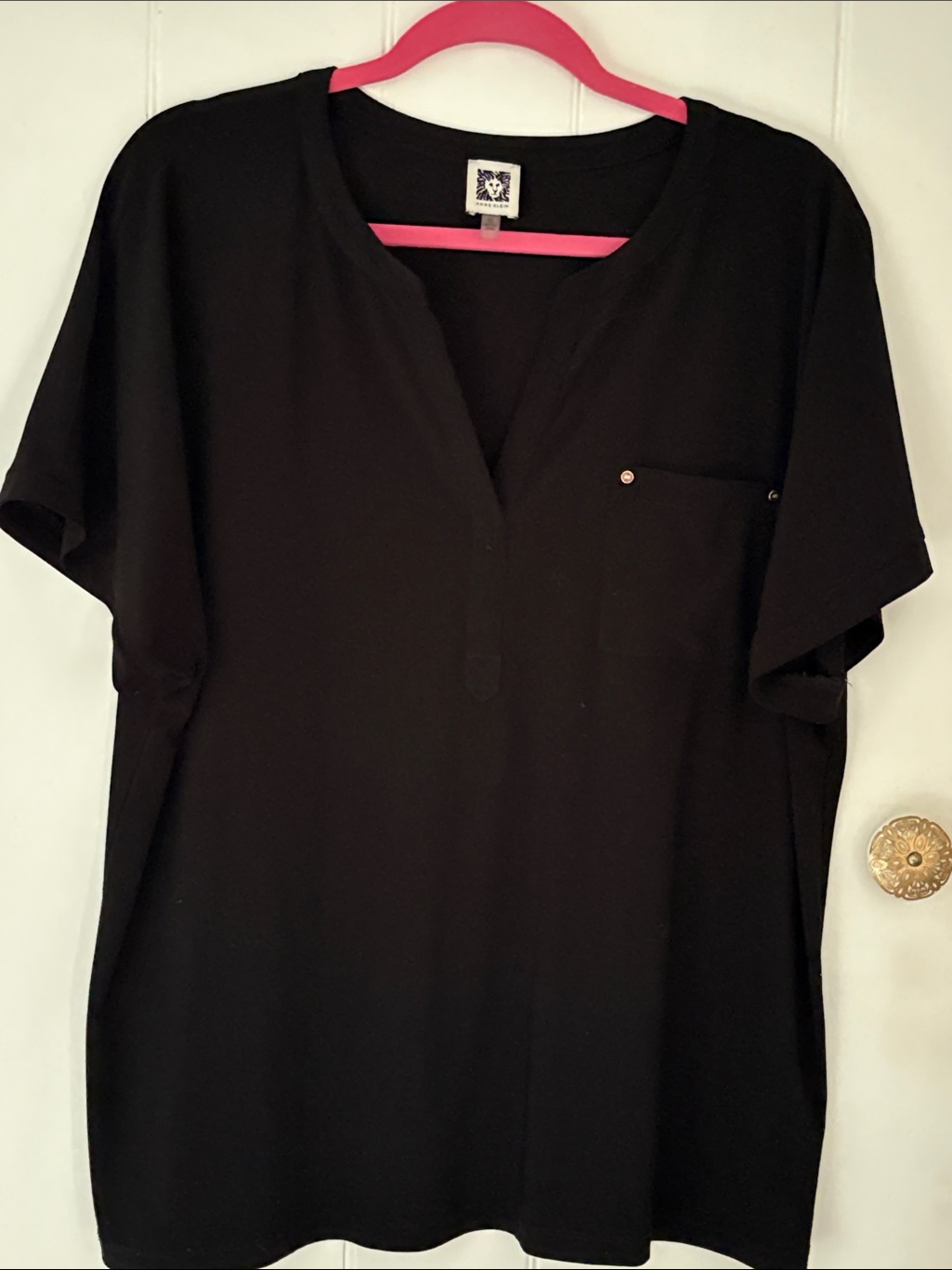 Anne Klein Black Women's V-Neck Short Sleeve Top Euc Xl